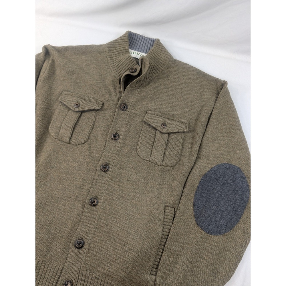 Orvis Green Wool Cashmere Button Front Sweater Elbow Patches Military Large